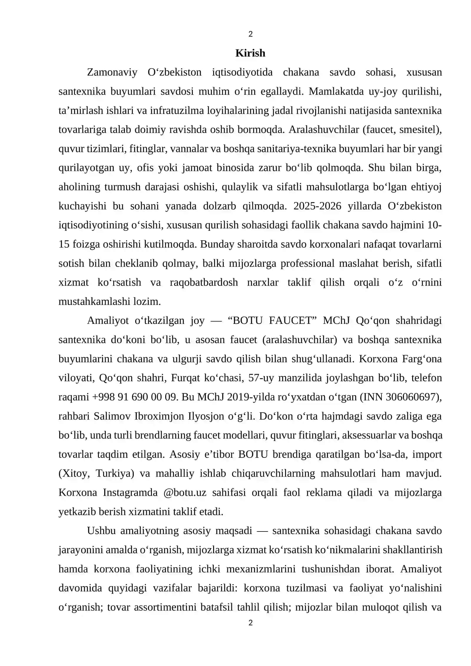 Santexnika do'konida AMALIYOT HISOBOTI 3