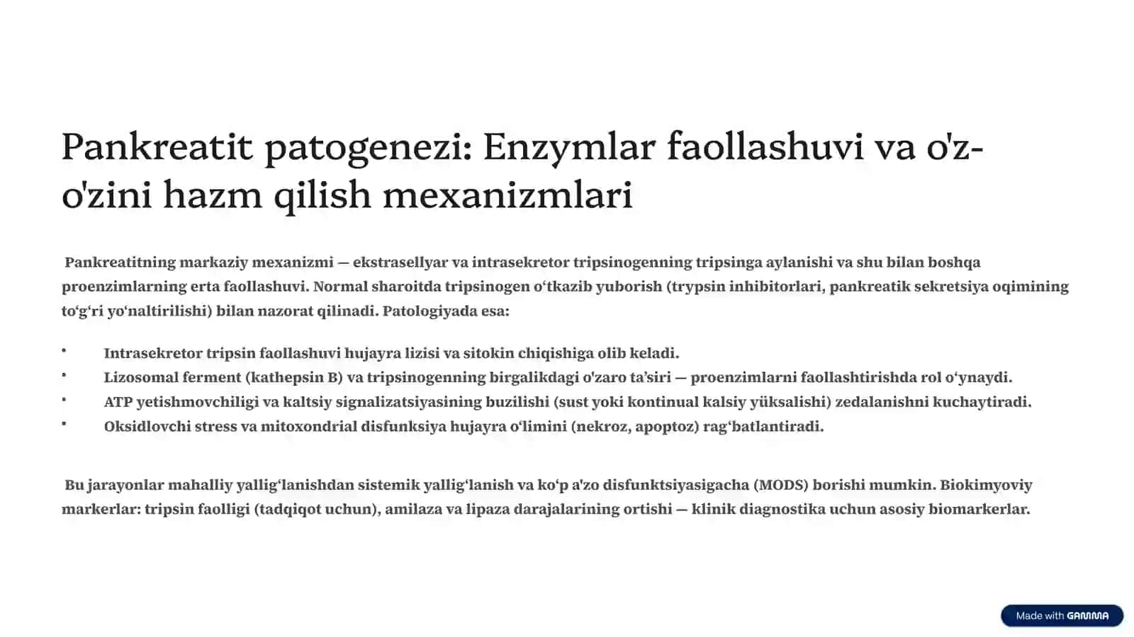 Pankreatit rivojlanishining biokimyoviy asoslari. Davolash va diagnostika tamoyillari 3