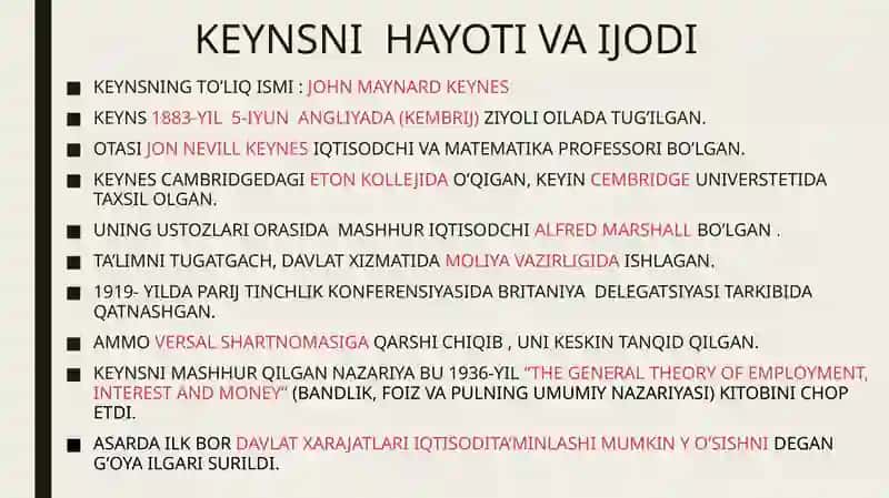 MAVZU:J.M.KEYNSNING IQTISODIY TA’LIMOTI XUSUSIYATLARI 3