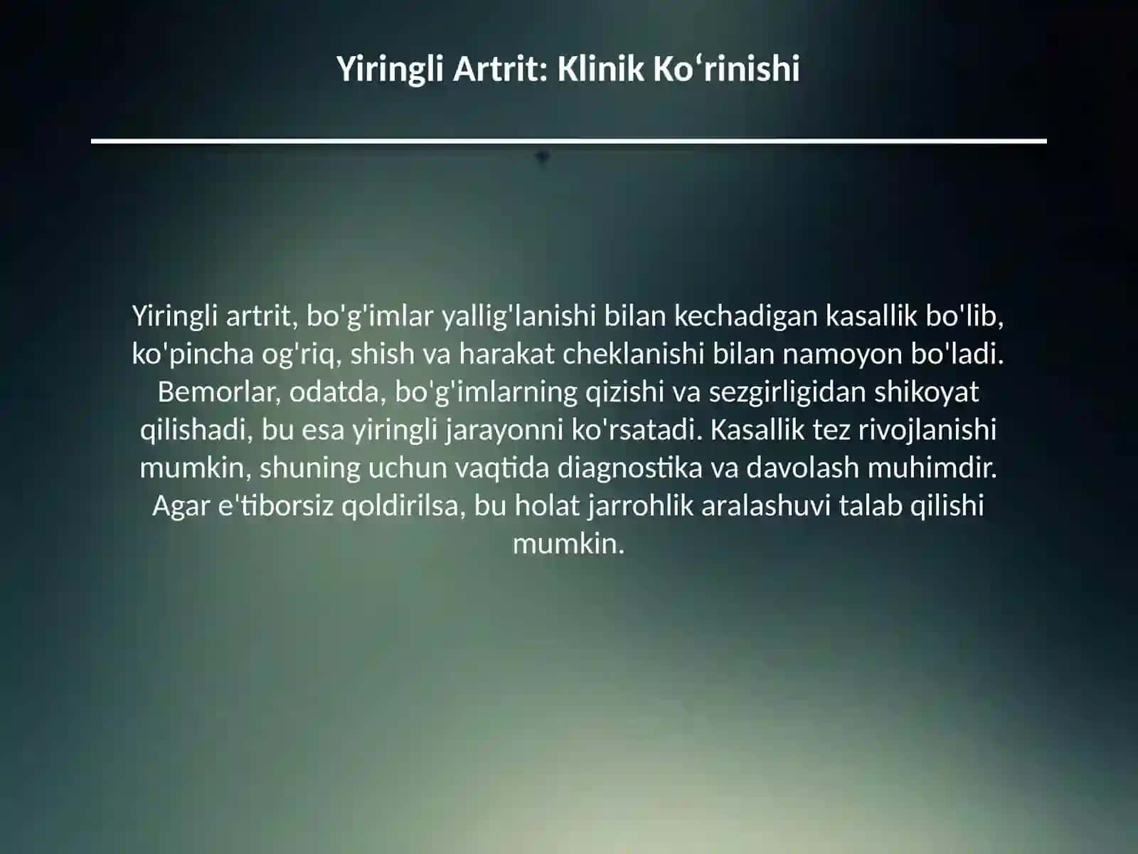 Osteomiyelitlar: o‘tkir va surunkali, yiringli artrit, klinik ko‘rinishi, diagnostika va davosi: Kaft flegmonasi, panaritsiy(xasmol): klinikasi,maxalliy va umumiy belgilari, diagnostikasi, davolash prinsiplari 3