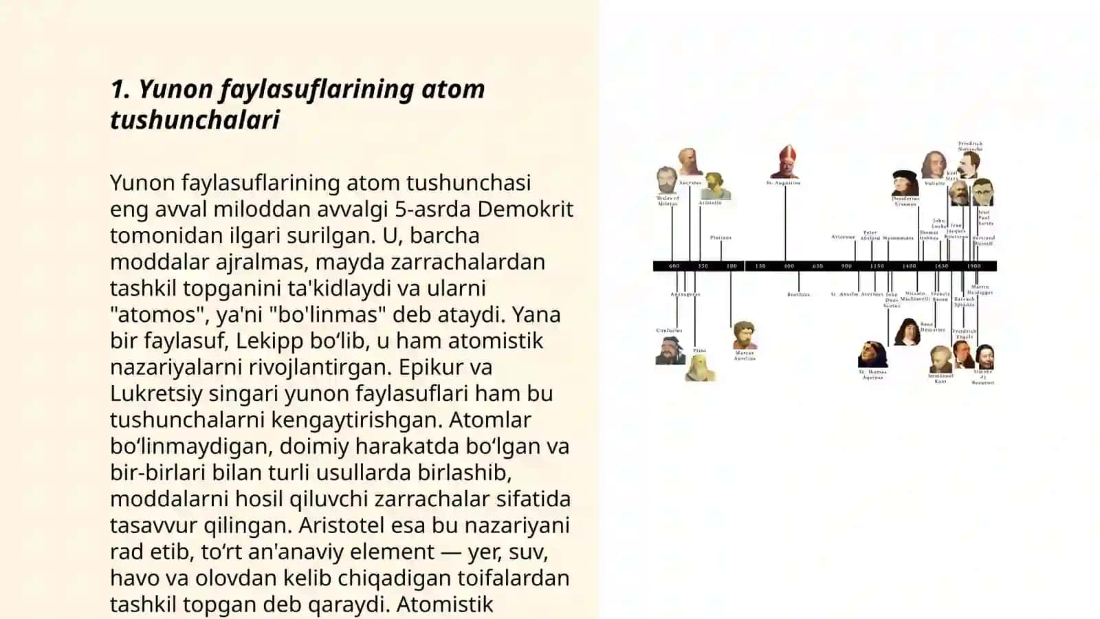 Yunon faylasuflarining atom va element to'g'risidagi tushunchalarini xozirgi zamon ma'lumotlari bilan taqqoslash 3