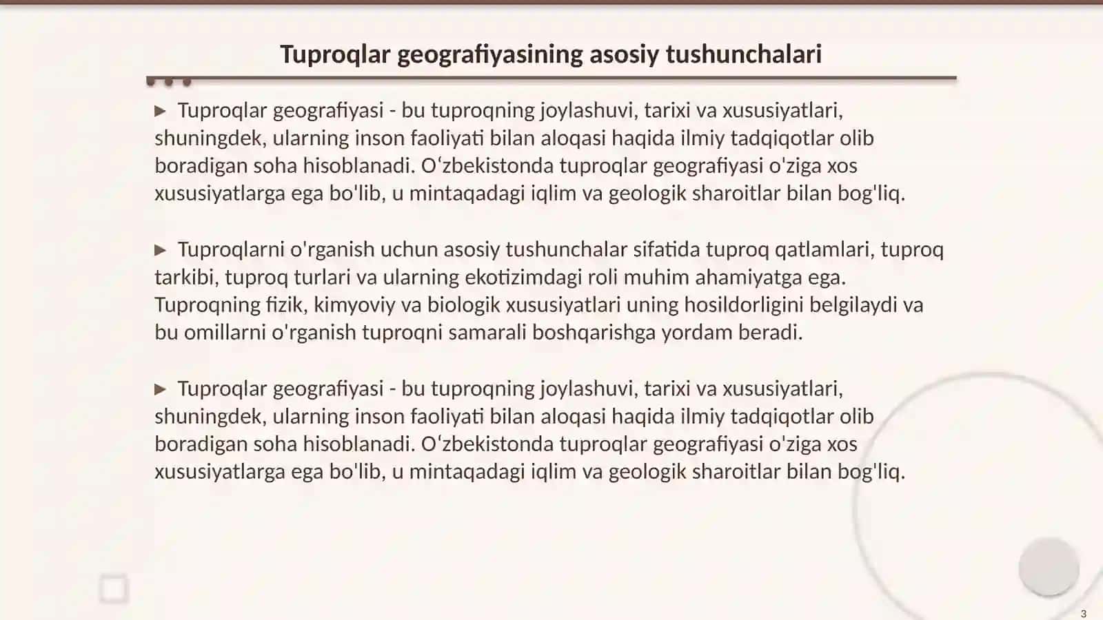 Oʻzbekistonda tuproqlar geografiyasining rivojlanishi.Oʻzbekistonning tekislik mintaqasi tuproqlar geografiyasi va uni muhofaza qilish 3