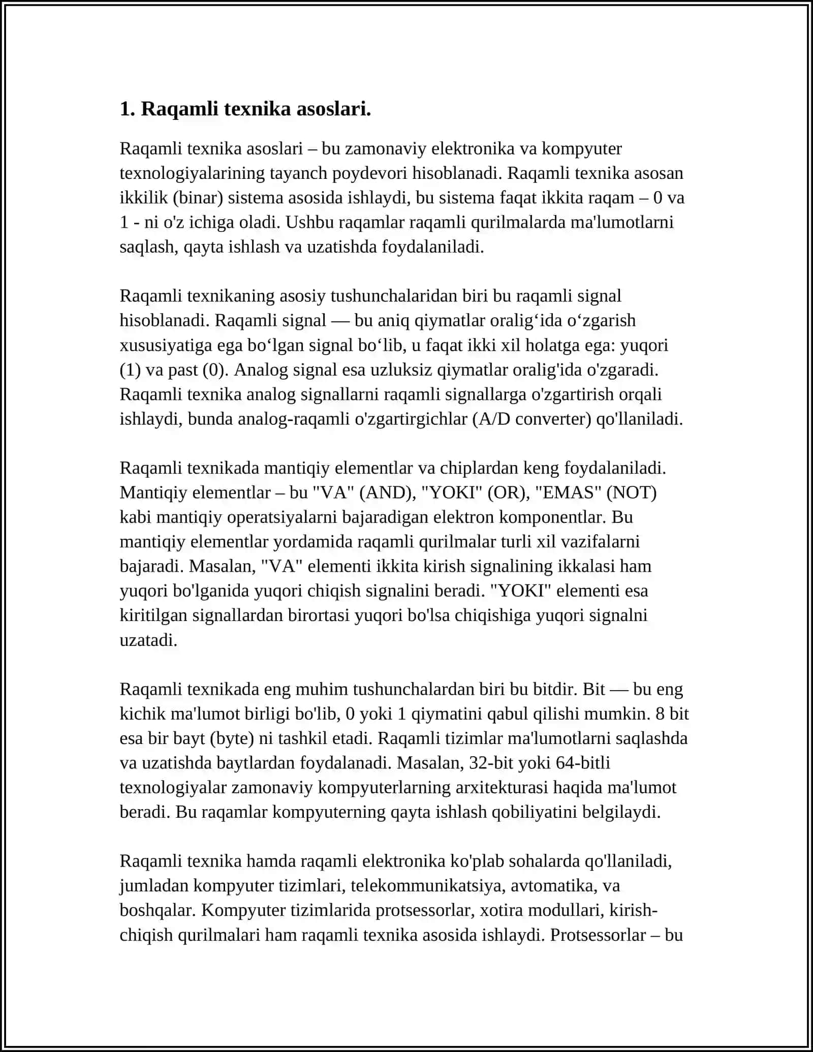 RAQAMLI TEXNIKA NEGIZ ELEMENTLARINI ISHLASH PRINSIPLARINI O'RGANISH 3