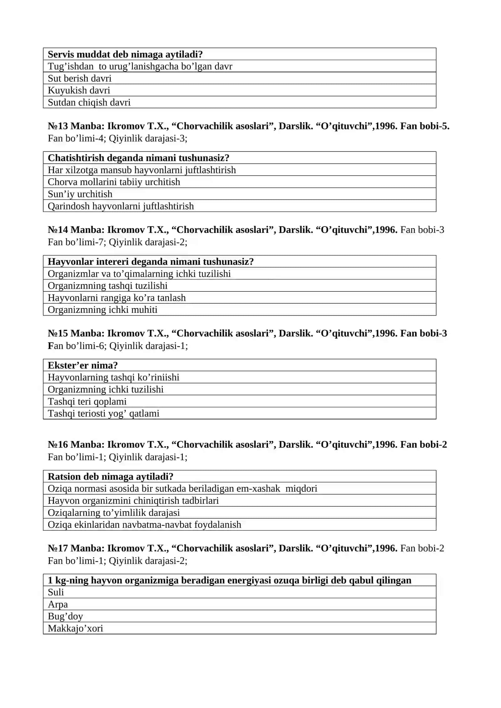 Qishloq xo‘jalik mahsulotlarini saqlash va dastlabkiishlash texnologiyasi ta'lim yo‘nalishi uchun “Chorvachilik va ipakchilik“ fanidan test savollari 3