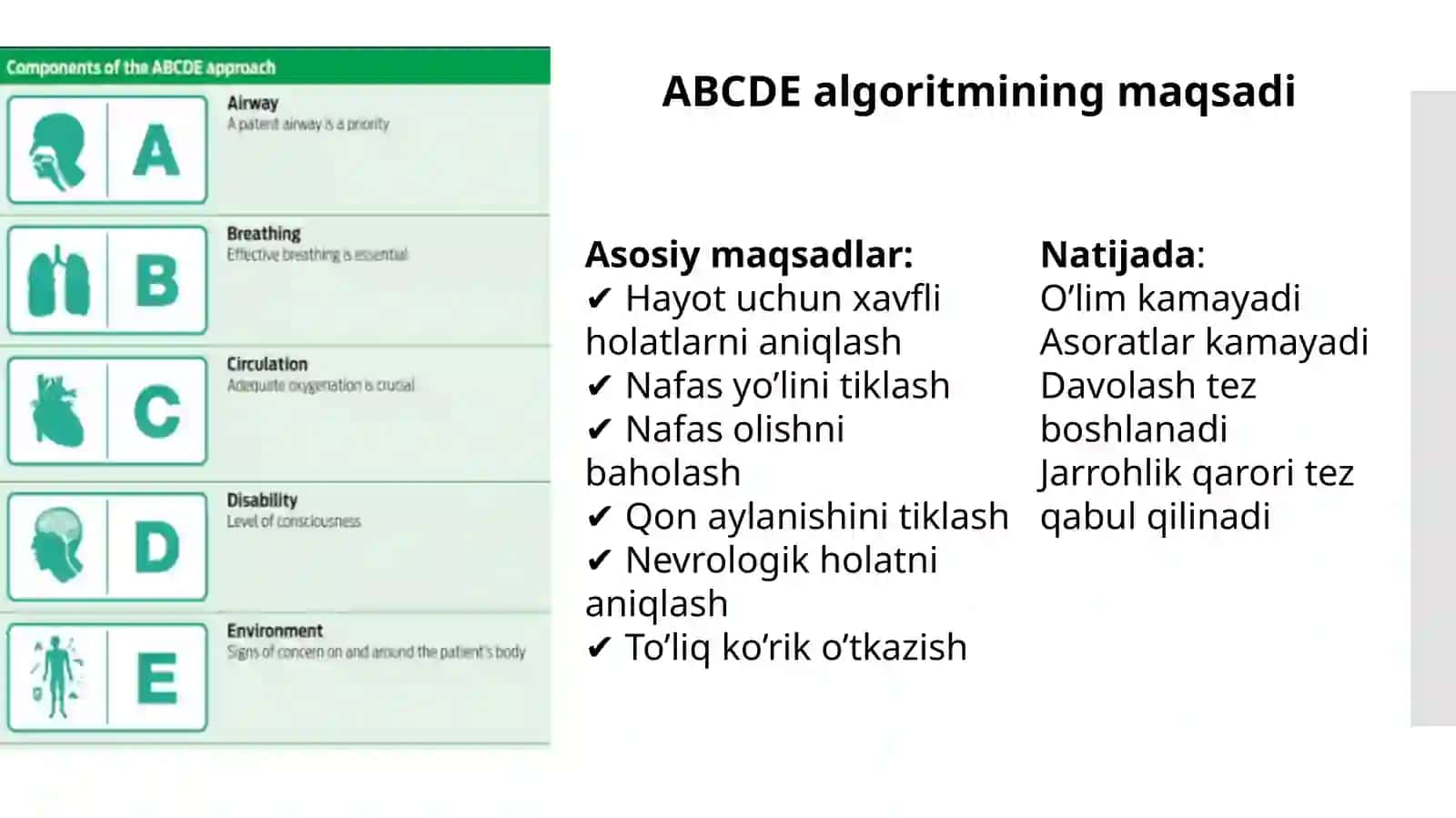 Shoshilinch Jarrohlikda Bemorni Dastlabki Baholash (ABCDE Algoritmi) | PPT Taqdimot | Tibbiyot Slayd 3