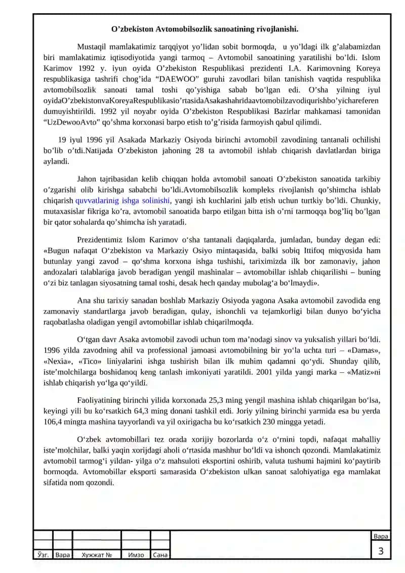 Kirish (avtomobilsozlik sanoatinin hozirgi kundagi holati, yutuq va kamchiliklari) – 1-2 bet 3