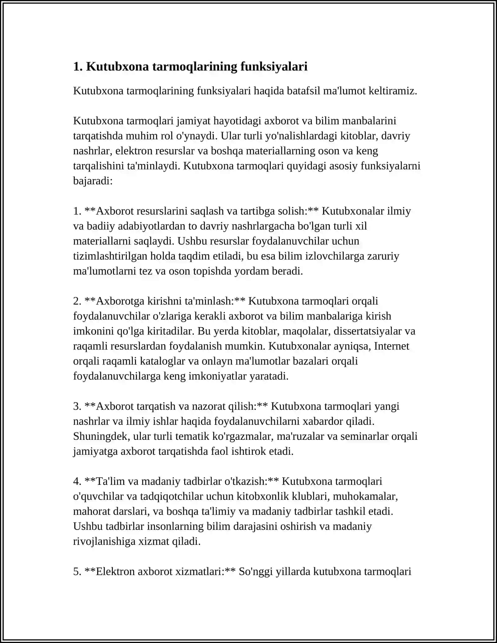 MUSTAQIL ISH Mavzu: RESPUBLIKA KUTUBXONA TARMOQLARI VA TIZIMLARI 3