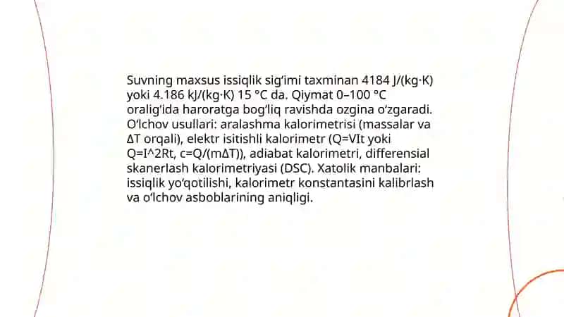 Suvning issiqlik sig‘imi, issiqlik o‘tkazuvchanlik, yuza tortishish xususiyatlari 3