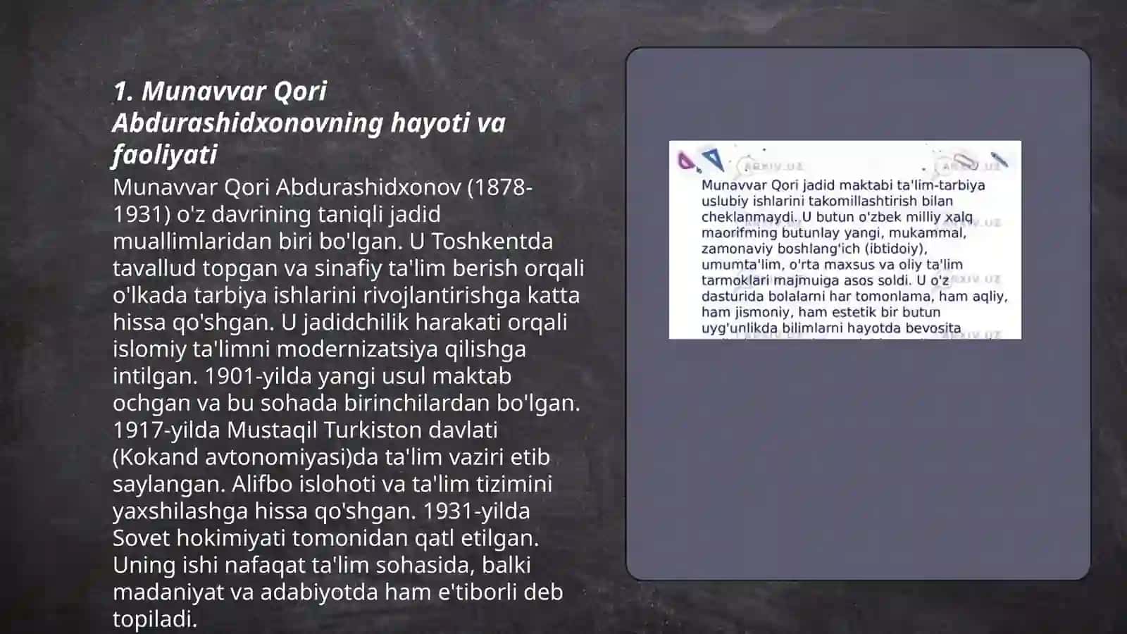 Jadid ma'rifatparvarlarning òlka ijtimoiy ma'naviy hayotida tutgan orni Munavvar Qori Abdurashidxonov 3