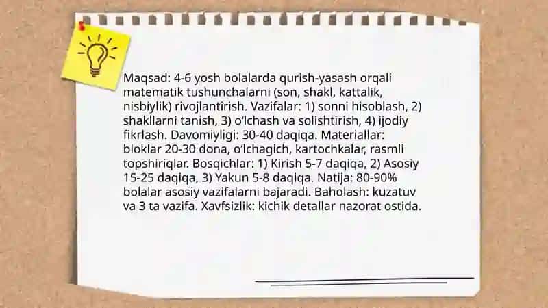 Maktabgacha ta'limda qurish yasash va matematika seminar mashg'uloti 3