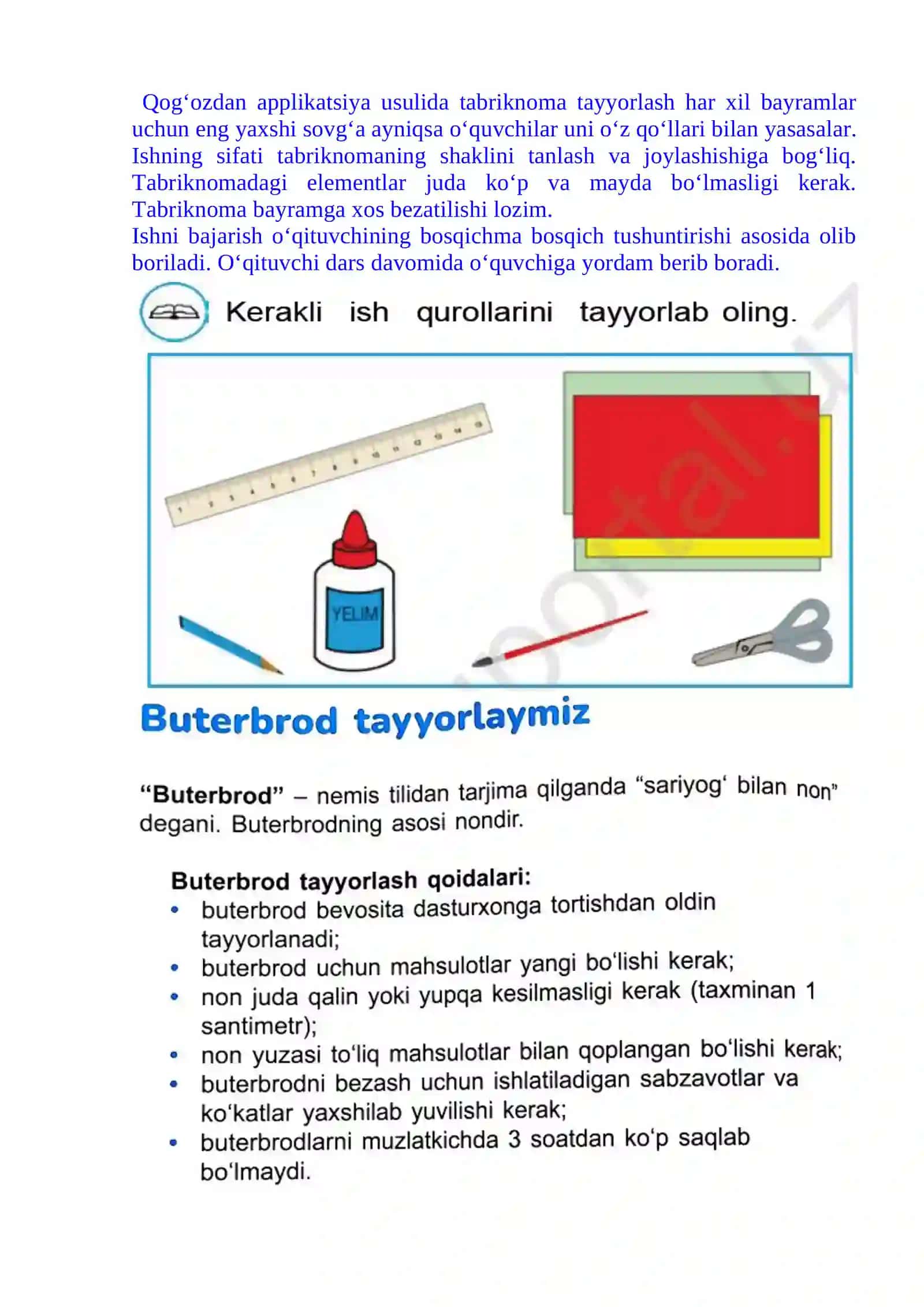 3-sinf Texnologiya fanidan Buterburod tayyorlaymiz 3-chorak dars ishlanmasi 3