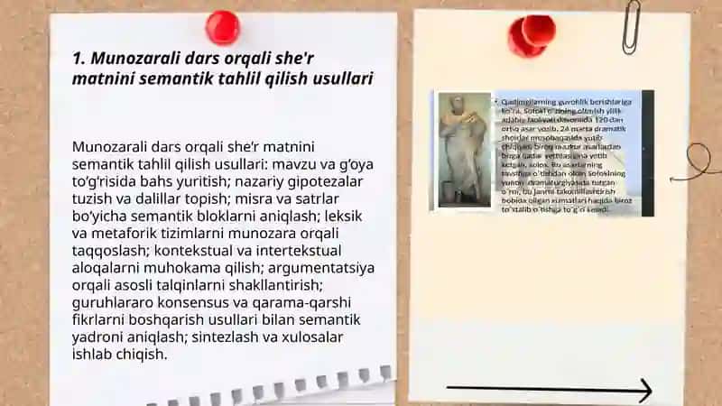 Badiiy asar matini tahlili (she'r, hikoya, matnni tahlil qilishdan munozarali dars metodidan foydalanish) 3