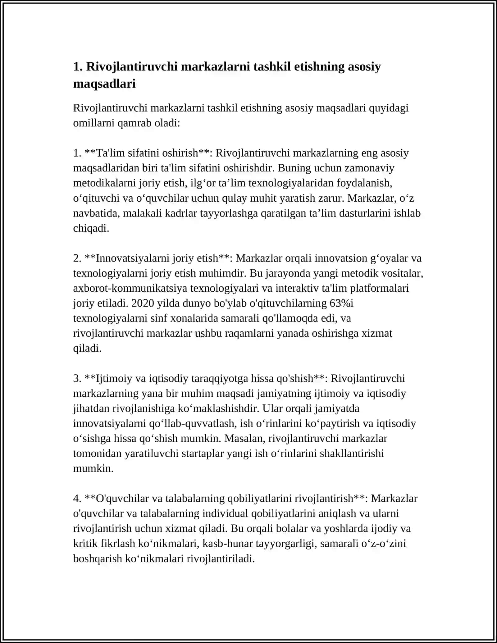 MUSTAQIL ISH Mavzu: MAKTABGACHA TAʼLIM TASHKILOTLARIDA RIVOJLANTIRUVCHI MARKAZLARNI TASHKIL ETISH TEXNALOGIYASI 3
