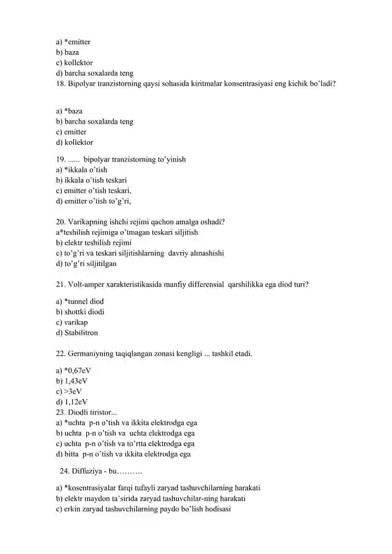 ELEKTRONIKA VA SXEMALAR FANIDAN YAKUNIY NAZORAT TEST 3