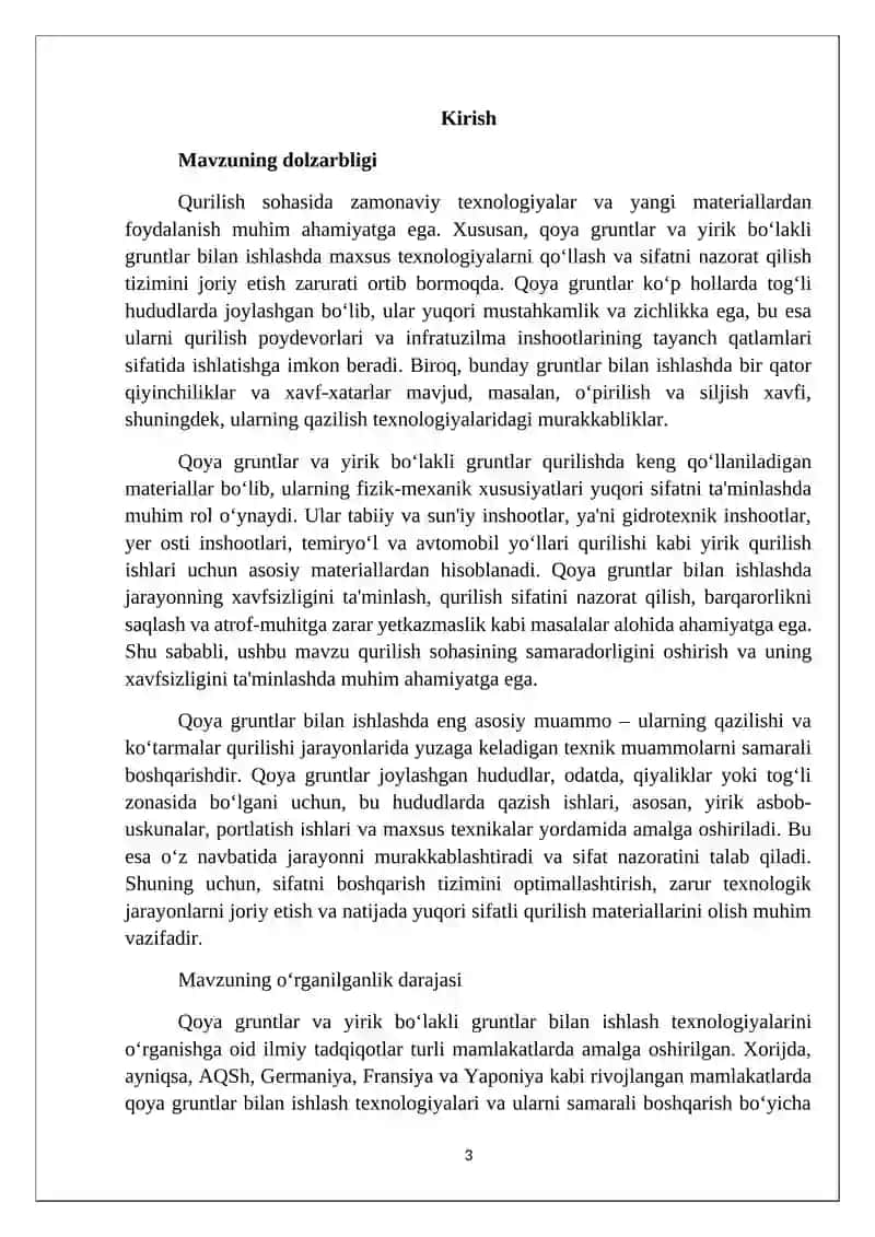 Qoya gruntlik joylarda o‘yilmalarni qazish va yirik bo‘lakli gruntlardan ko‘tarmalarni qurish ishlari sifatini boshqarish 3