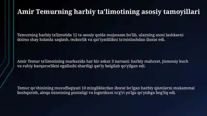 Amir Temurning harbiy ta'limotining asosiy tamoyillari 3