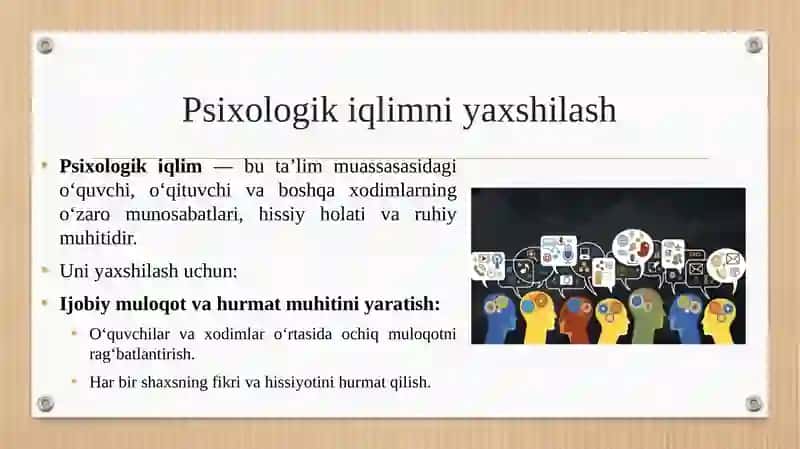 Ta'lim tashkilotidagi psixologik iqlim va xavfsizlikni oshirishga qaratilgan psixologik yordam ko'rsatishning samarali yo'llari 3