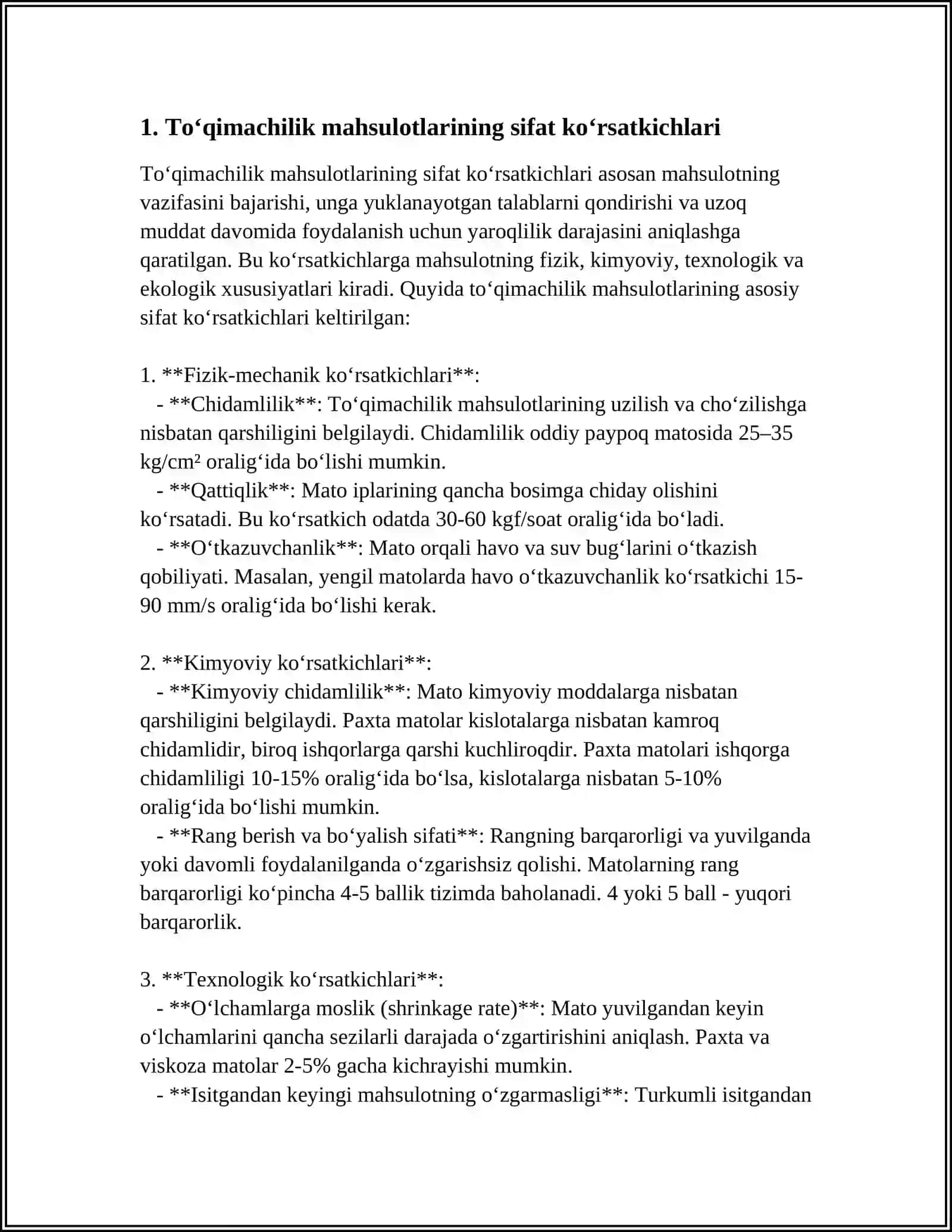 YENGIL SANOAT MAHSULOTLARINING SIFAT KO‘RSATKICHLARINI ANIQLASH 3