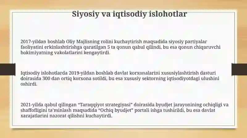 YANGI O’ZBEKISTONDA PREZIDENT SH.M.MIRZIYOYEVrahbarligidaAMALGA OSHIRILAYOTGAN ISLOHOTLAR 3