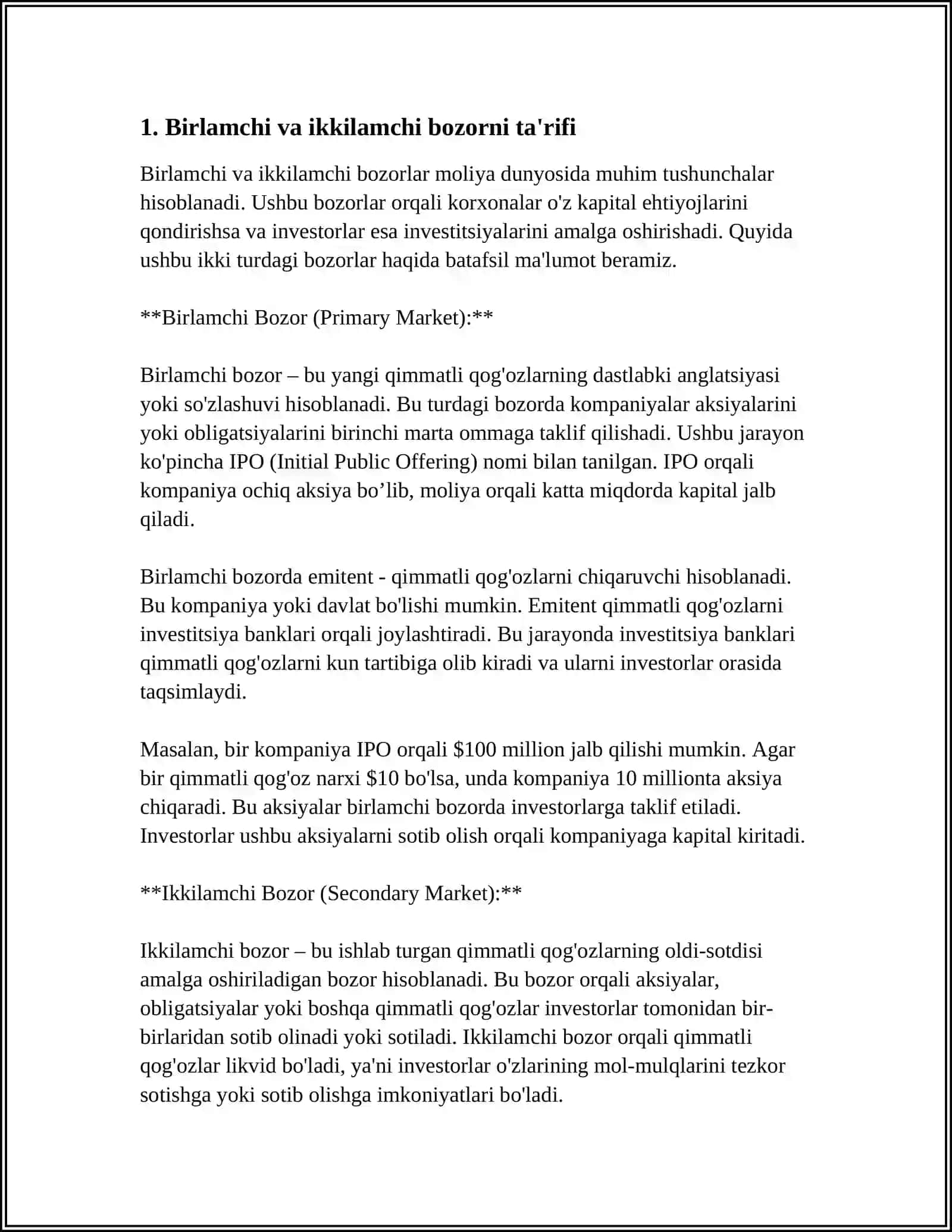 BIRLAMCHI VA IKKILAMCHI BOZOR XAQIDA MUSTAQIL ISH PREZINTATSIYA 3