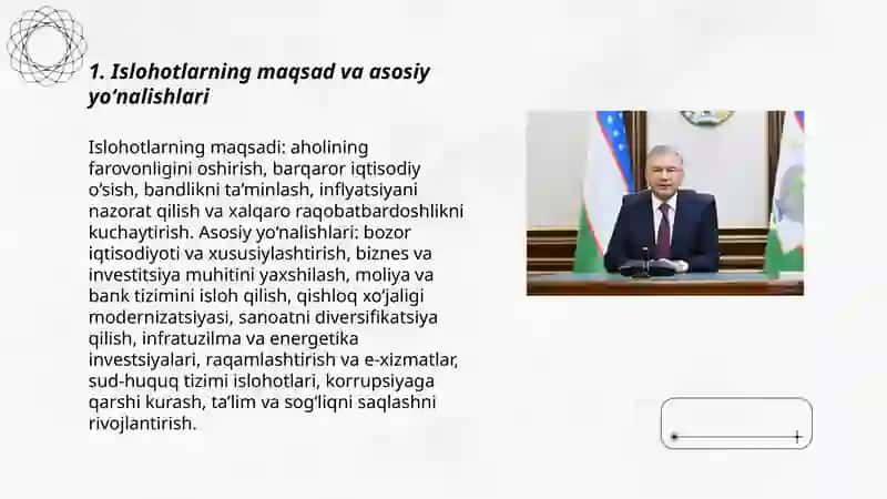 M13 O’zbekiston Respublikasi prezidenti Sh.M. Mirziyoyevning keng ko’lamli iqtisodiy islohotlari va uning mazmuni 3
