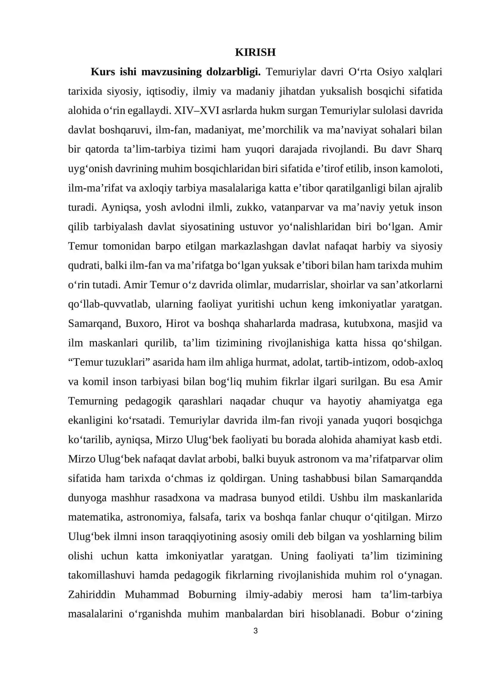 Temuriylar davrida taʼlim-tarbiya va pedagogik fikrlar taraqqiyoti.(Amir Temur, Ulugʻbek, Zahiriddin Muhammad Bobur) 3
