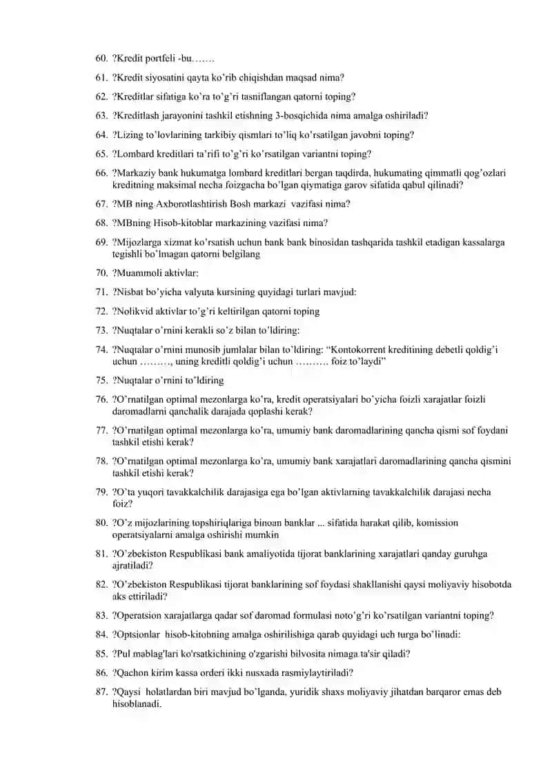 BANKING Test Savollari 3
