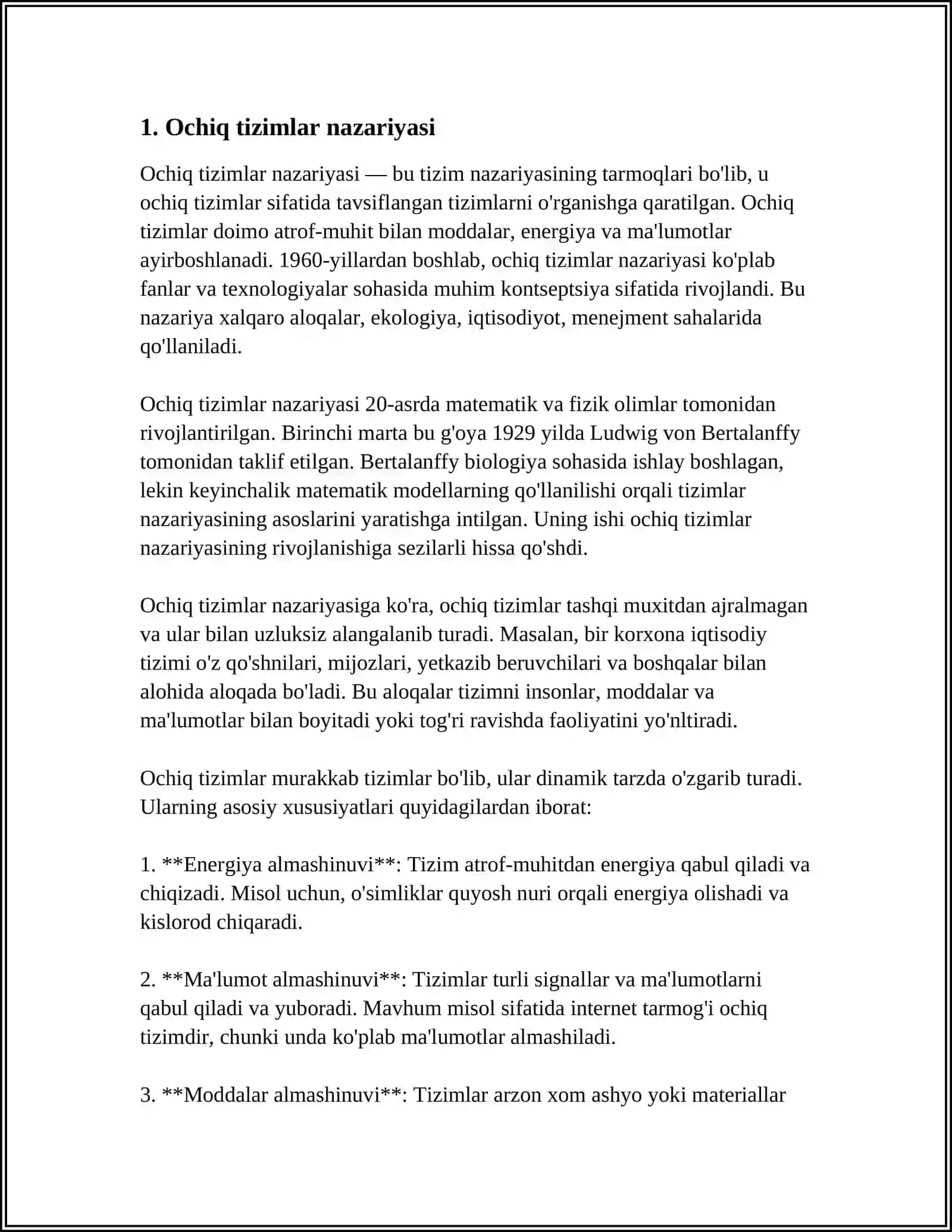 OCHIQ TIZMLARDA ENTROPIYANING LOKAL KAMAYISHI. DISSIPATIV STRUKTURALARI 3