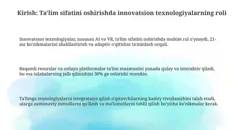 Innovatsion texnologiyalar ta'lim sifatini oshirish manbai sifatida 3