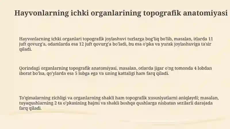 Ichki organlari hayvonlarda farq qiluvchi xususiyatlarini o'rganish 3