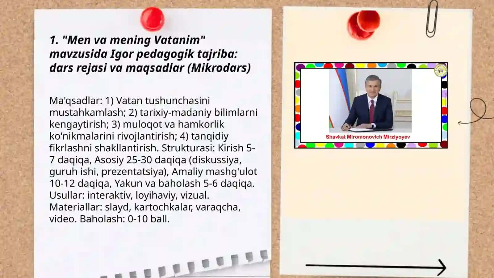 "Men va mening Vatanim" mavzusida Igor pedagogik tajriba: dars rejasi va maqsadlar 3