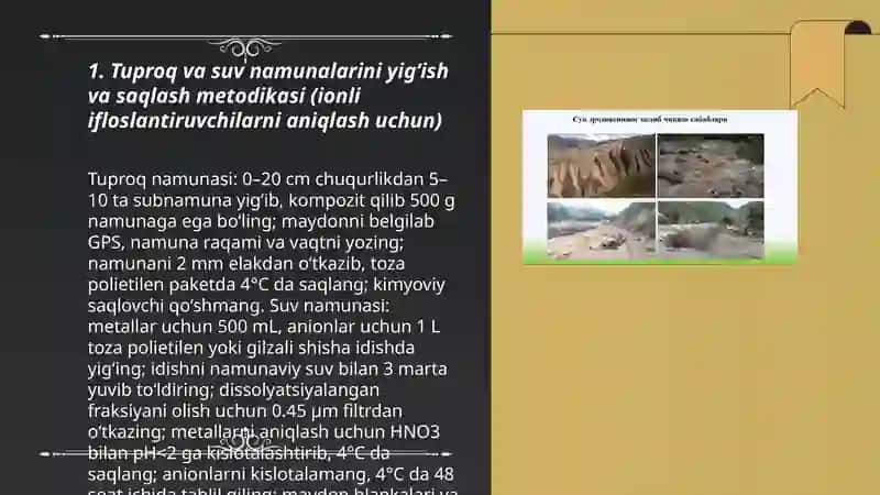 Tuproq va suv namunalarini yig‘ish va saqlash metodikasi (ionli ifloslantiruvchilarni aniqlash uchun) 3