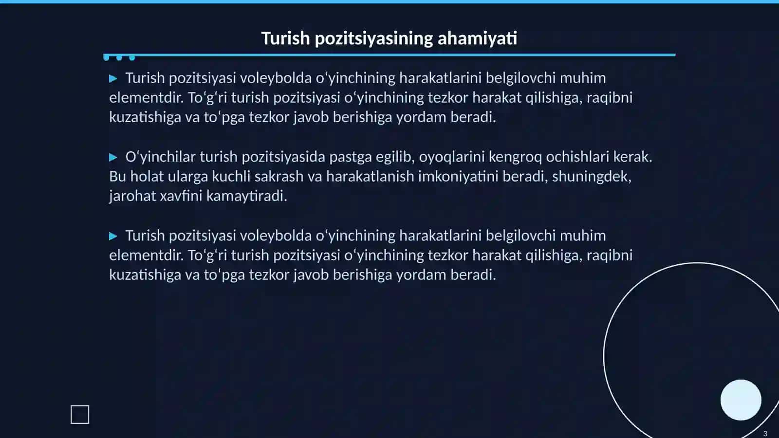 Voleybol o‘yinida holatlar va harakatlanishlar (turish, siljish, sakrash, to‘xtash, burilish) texnikasini o‘rgatish 3