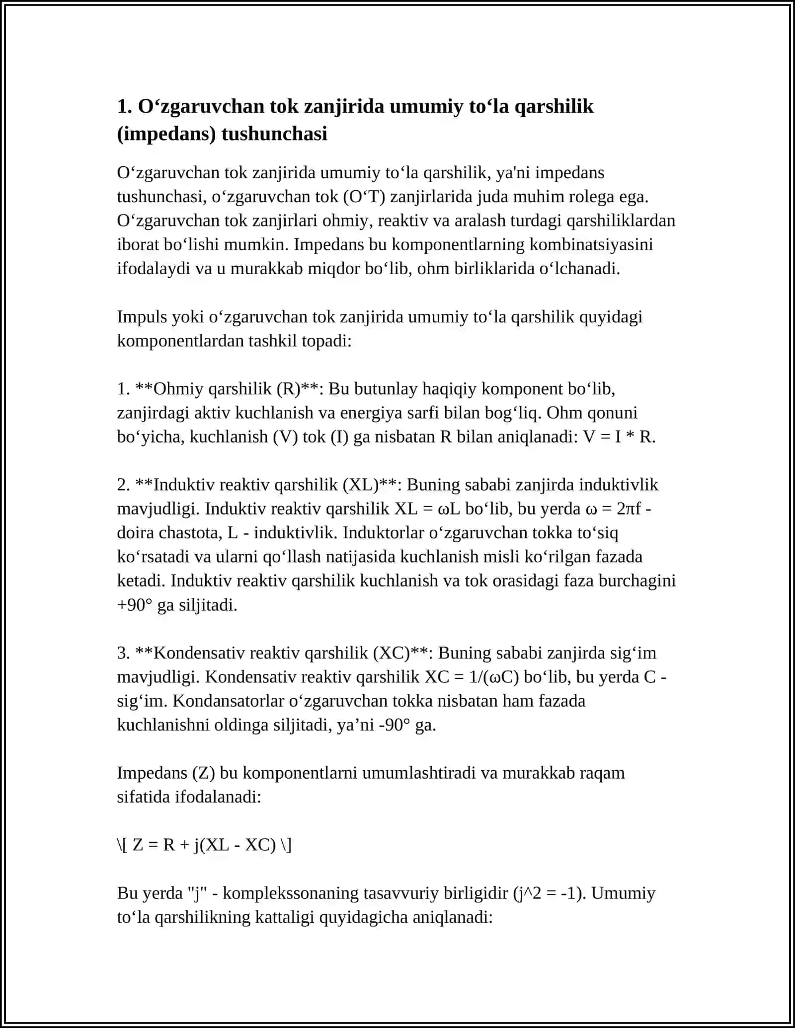 OʻZGARUVCHAN TOK ZANJIRIDA TOʻLA QARSHILIKNI (IMPEDANSNI) TURLI OʻZARO ULASH HOLLARIDA HISOBLASH IFODALARINI KELTIRIB CHIQARISH 3