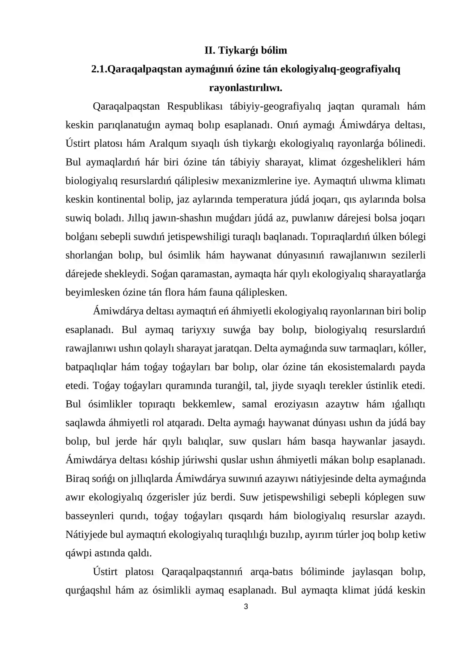 Qaraqalpaqstanda biologiyalıq resurslardıń házirgi jaǵdayı. Qaraqalpaqstanda ósimlikler hám haywanatlar kóp túrliligi 3