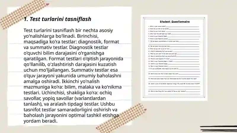 So‘rovnomalar tuzish talablarini sxemalashtirish. Talimda tibbiyotda kasbiy talimda psixologiya soxasidagi testlar testlarning yuqut va kamchiliklari 3