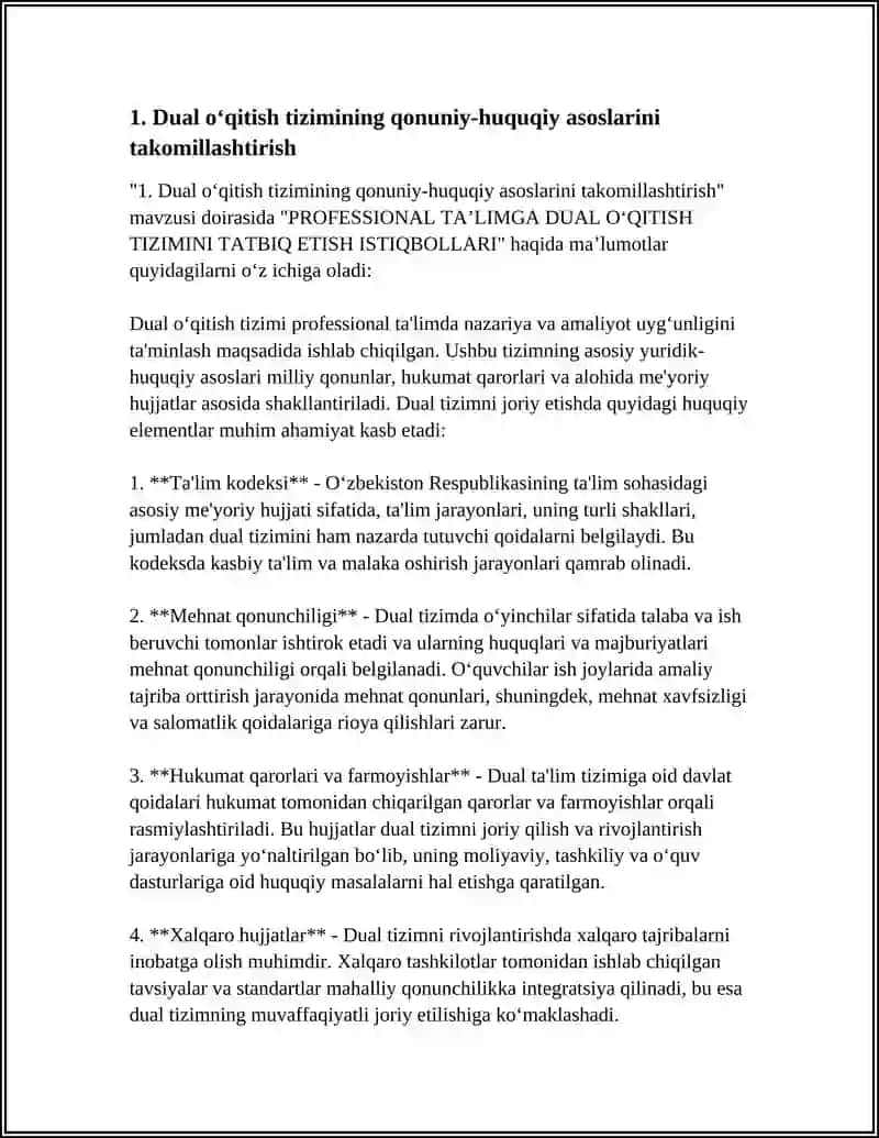 Dual o‘qitish tizimini joriy etishda quyidagi huquqiy elementlar muhim ahamiyat kasb etadi 3