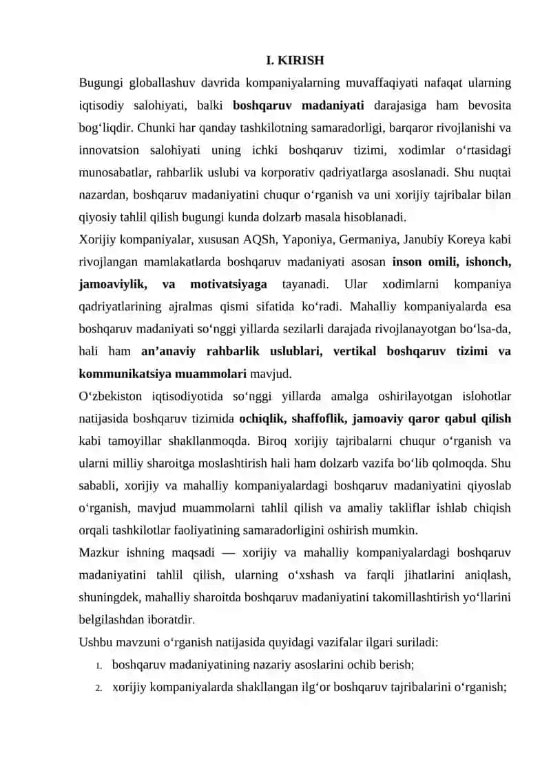 XORIJIY VA MAHALLIY KOMPANIYALARDA BOSHQARUV MADANIYATINI QIYOSLASH VA BERILGAN MUOMMONI KENG TAHLIL QILISH 3