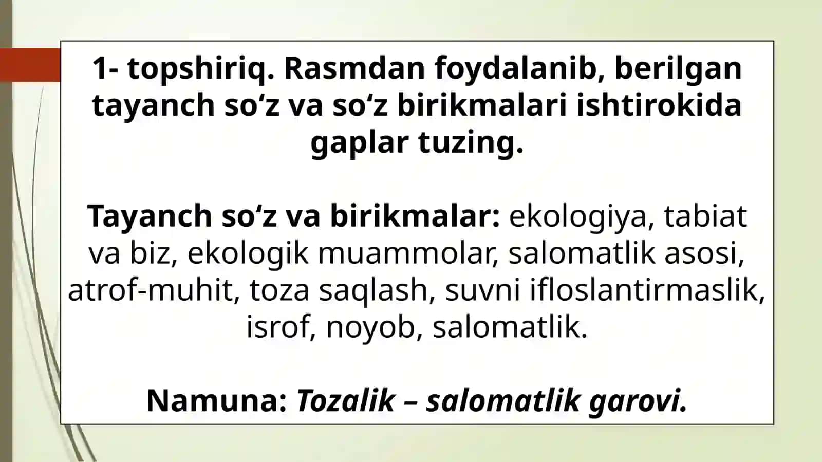 9-sinf O'zbek tili dars ishlanma. Ekologiya va biz (Kesimning ifodalanishi. Ot-kesim, ularda -dir shaklining qo'llanishi) 3