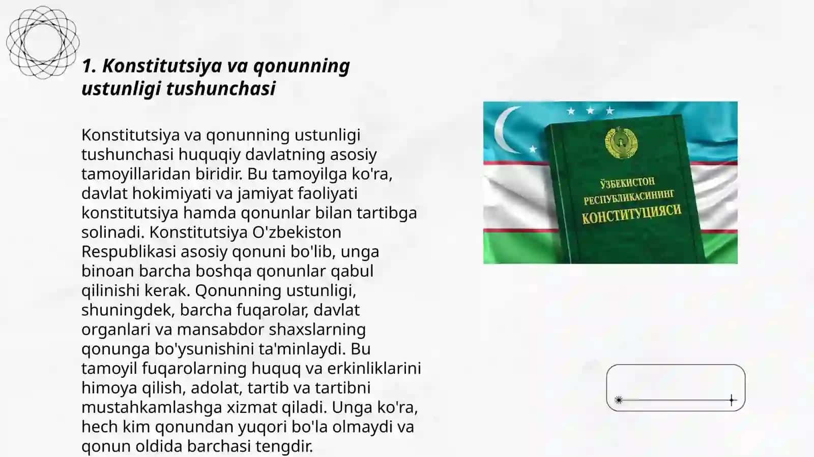 Konstitutsiya va qonunning ustunligi hamda ularning tan olinishi va bajarilishi shartligi 3