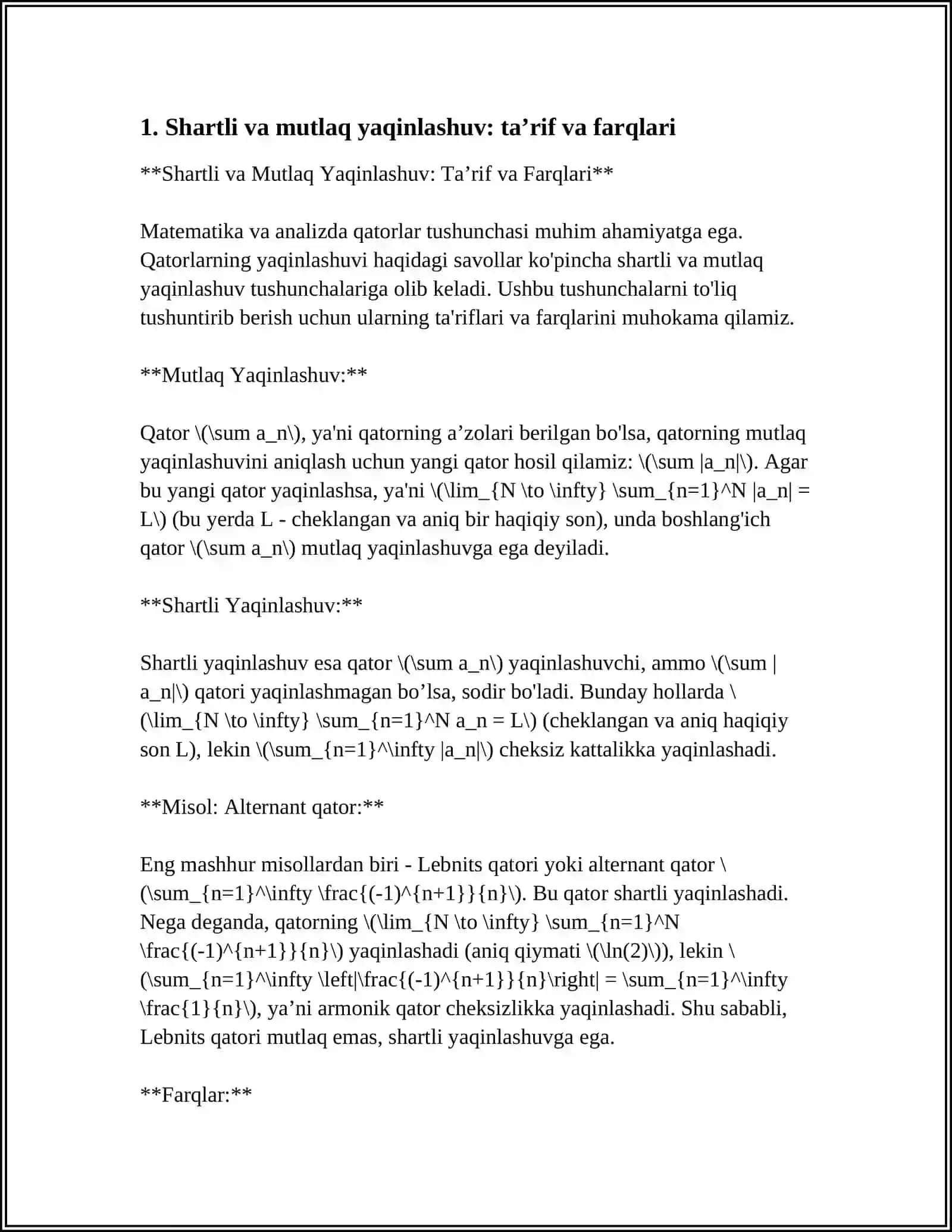 SHARTLI YAQINLASHUVCHI QATORLAR HAQIDAGI RIMAN TEOREMASI 3
