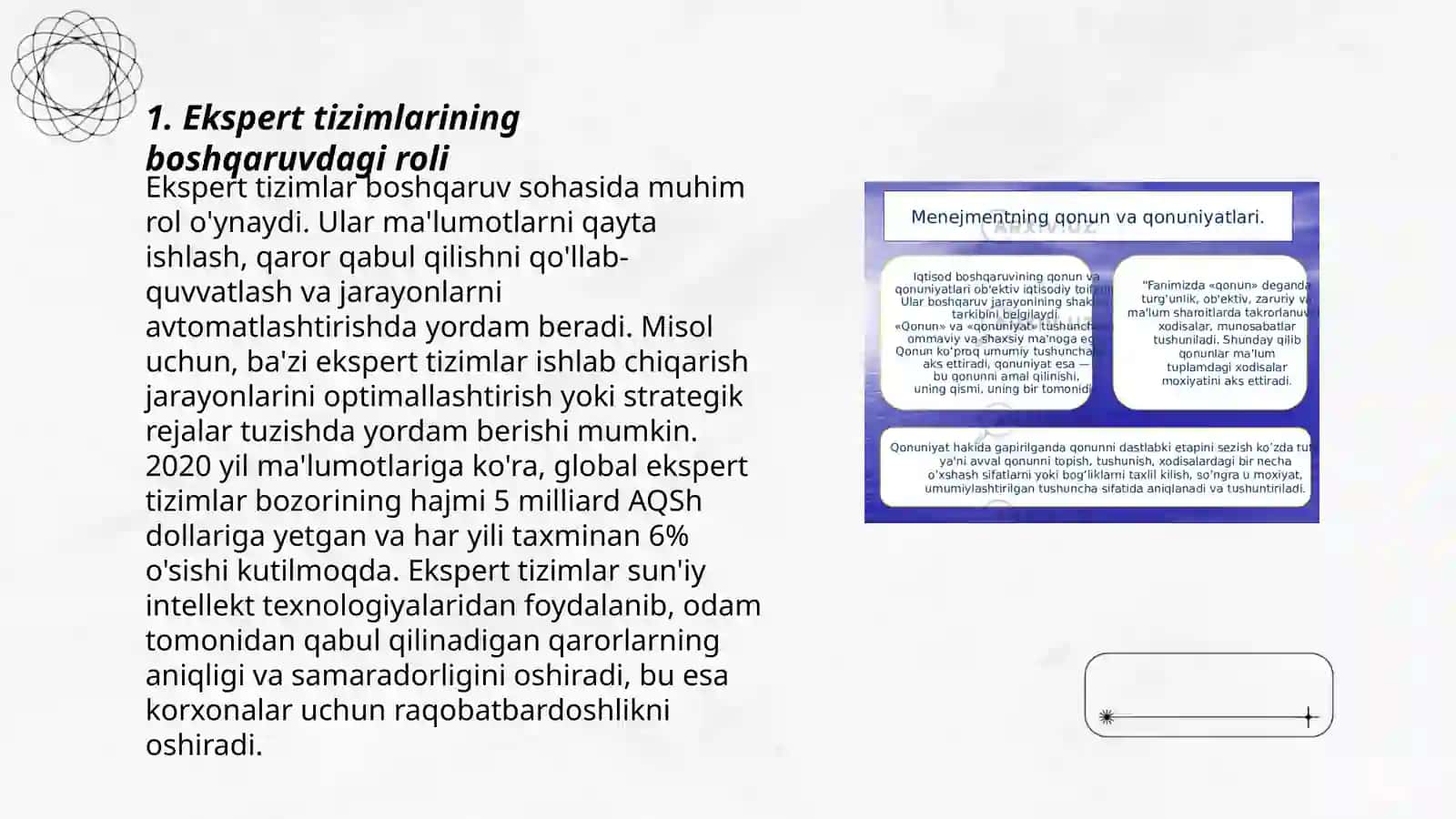 Ekspert tizimlarini boshqaruvdagi o'rni va ularni iqtisodiyot tarmoqlarda qo'llash 3