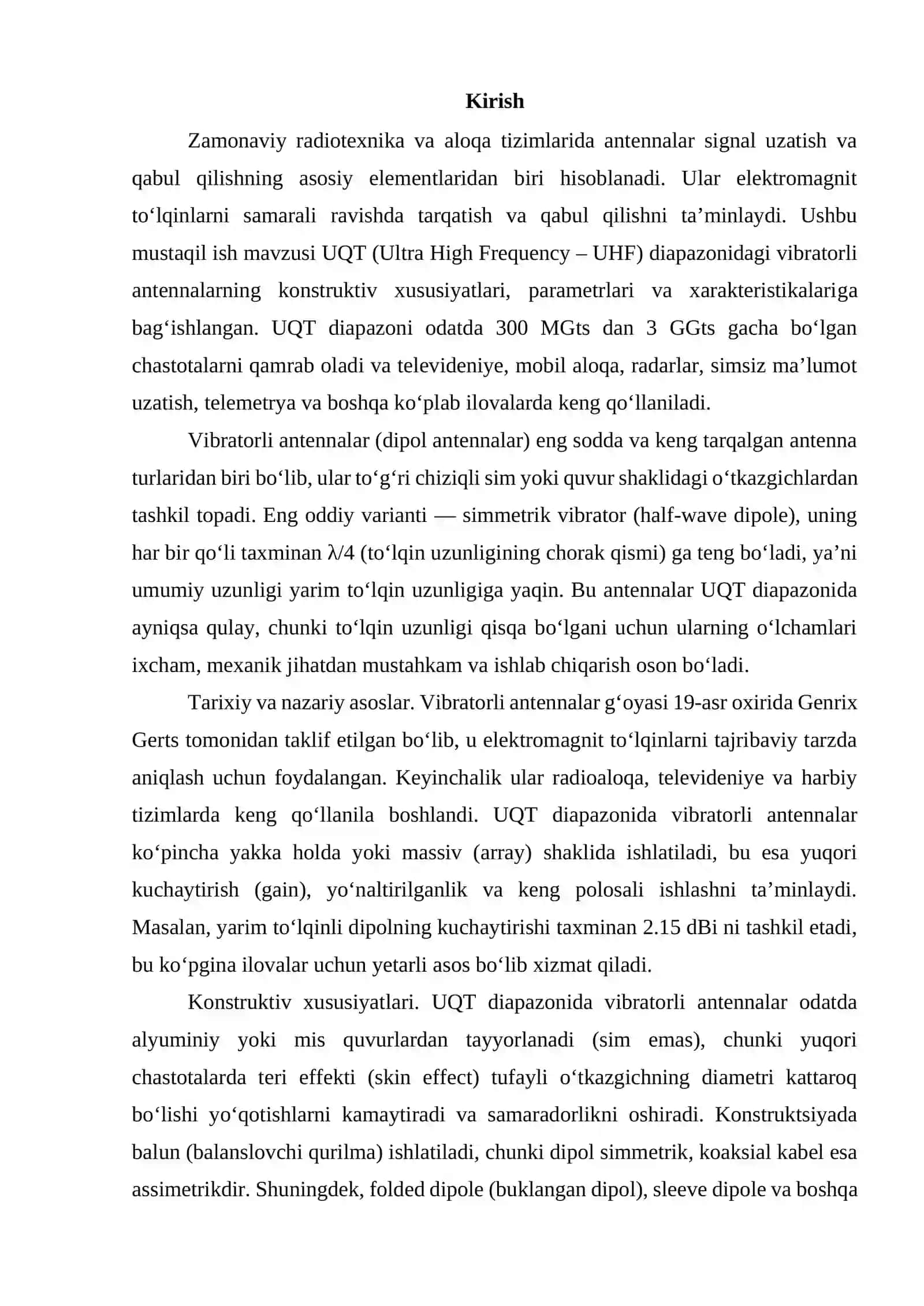 UQT diapazonidagi vibratorli antennalarning konstruktiv xususiyatlari, parametrlari  va xarakteristikalari 3