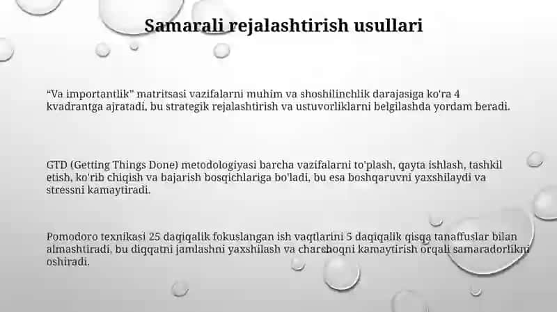 Vaqtni boshqarish ko'nikmasi va rivojlantirish 3