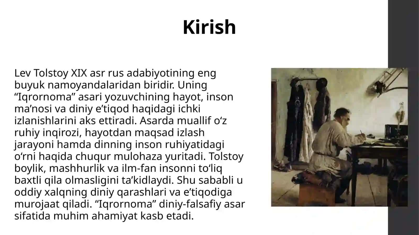 Lev Tolstoyning Iqrornoma asaridagi diniy e'tiqodlarni tahlil etish. 3