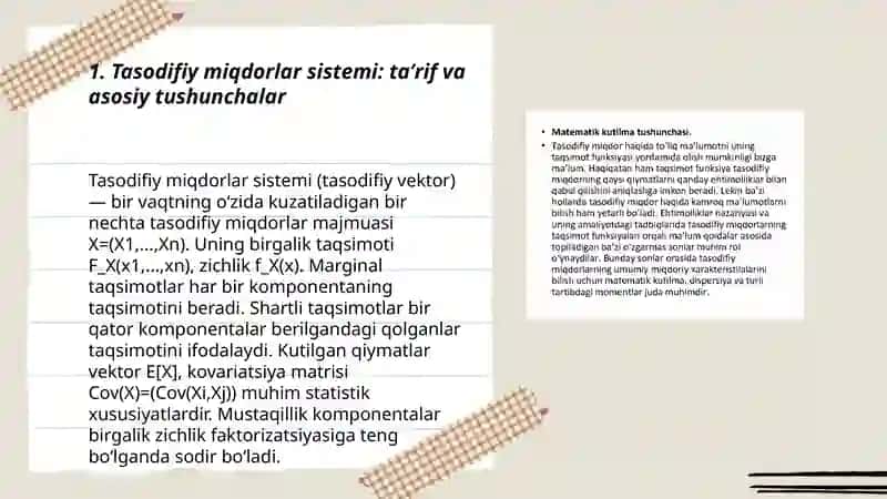 Tasodifiy miqdorlar sistemasi,ularning taqsimot qonunlari shartli taqsimot qonunlari.Kovariatsiya va korrelyasiya.Ikki o'lchovli normal taqsimot qonuni va uning o'ziga hos xususiyati 3