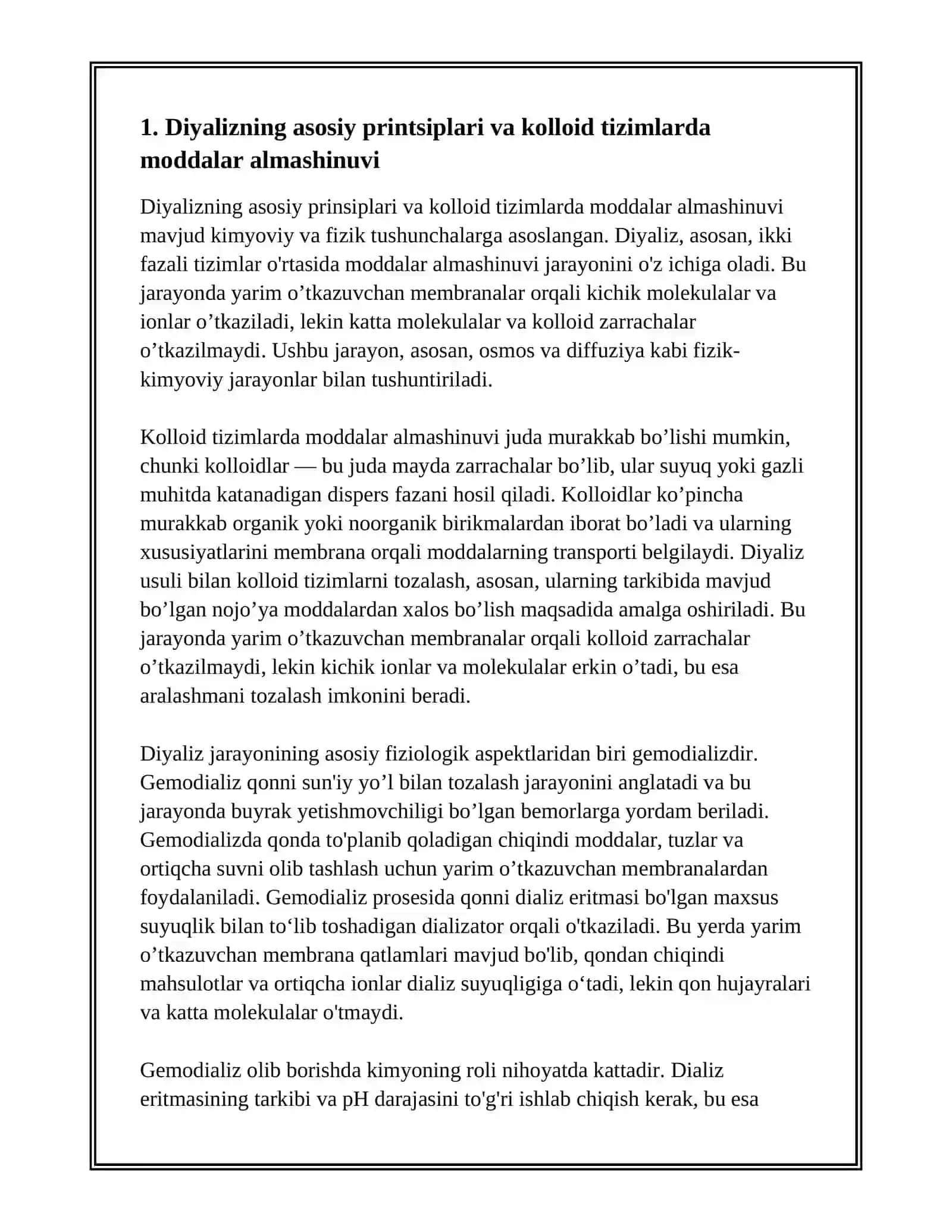 KOLLOID SISTEMALARNI DIYALIZ YÔLI BILAN TOZALASH.GEMODIALIZNI ÔTKAZISHDA KIMYONING AHAMIYATI 3