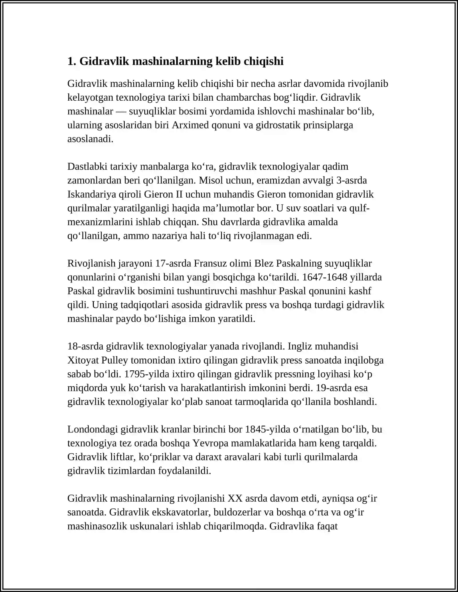 GIDRAVLIK MASHINALARNI TARIXIY RIVOJLANISHI VA ULARNI ILM-FAN XALQ XOʻJALIGIDAGI OʻRNI 3