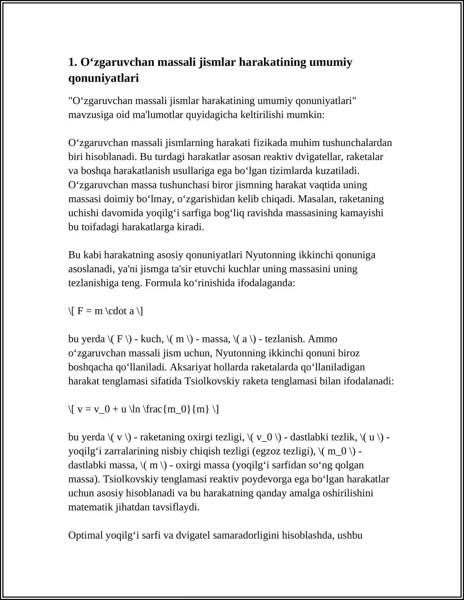 OʻZGARUVCHAN MASSALI JISMLAR HARAKATI MAVZUSIGA REFERAT 3