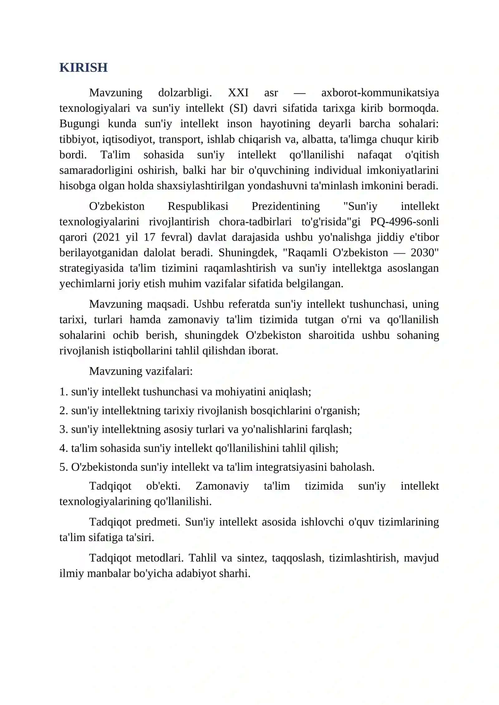 SUN'IY INTELLEKT VA UNING TA'LIM SOHASIDAGI QO'LLANILISHI REFERAT 3